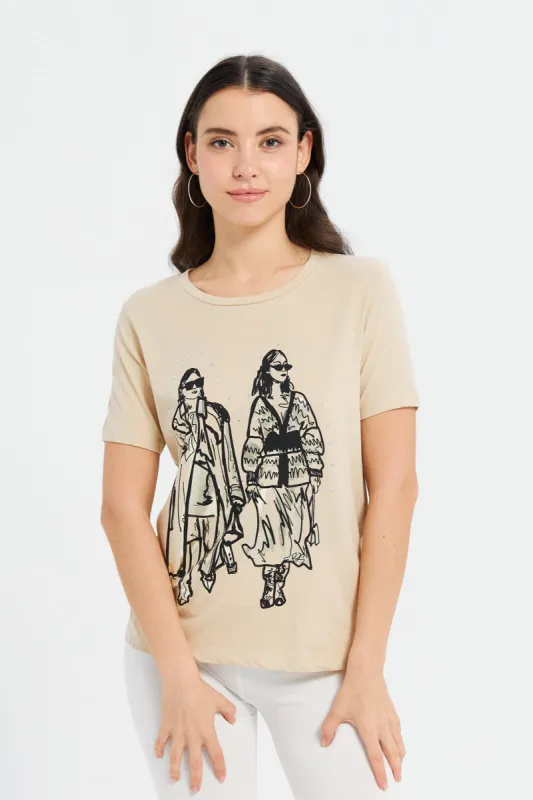 Women Beige Embellished T-Shirt sold by Redtag