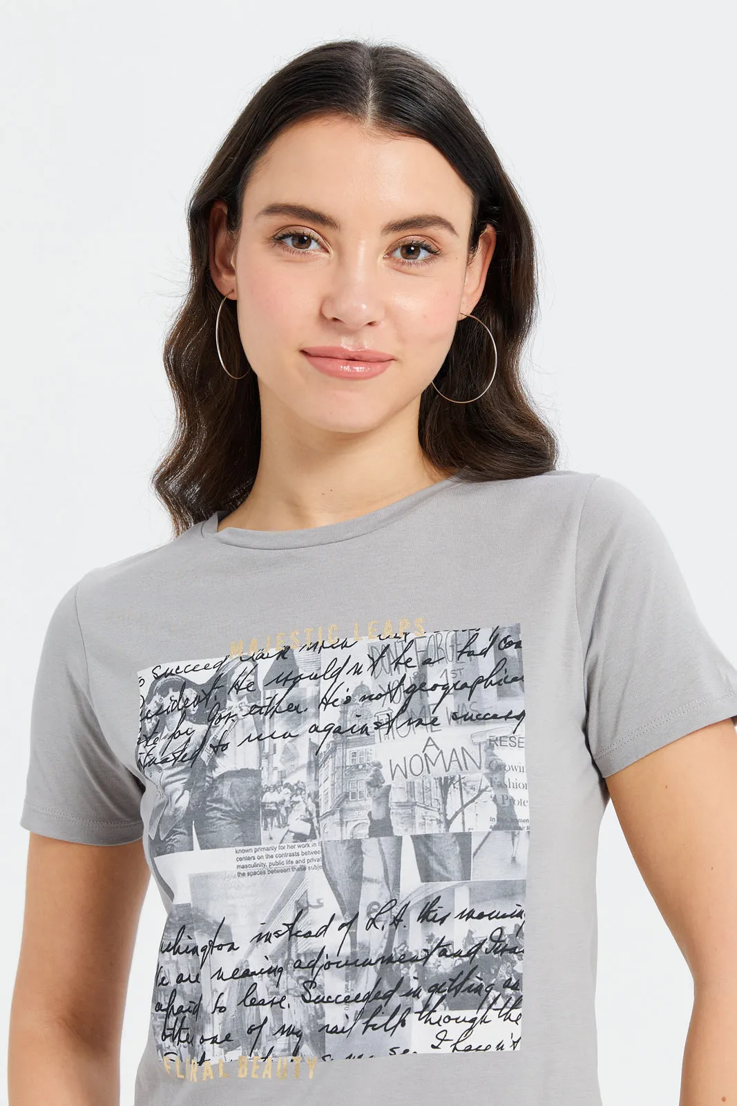 Women Grey Foil Printed T-Shirt sold by Redtag product image thumbnail 4