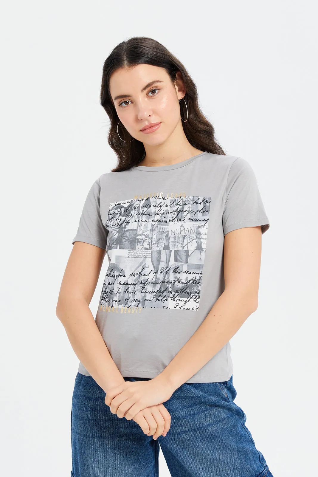 Women Grey Foil Printed T-Shirt sold by Redtag