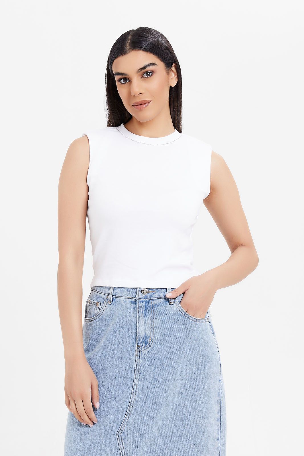 Women White Shoulder Pad Cropped Top sold by Redtag
