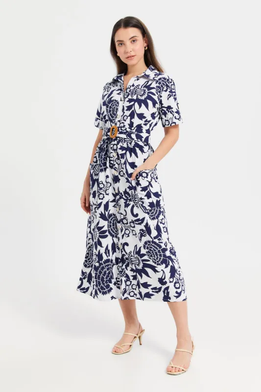 Women White And Blue Printed Shirt Dress With Belt sold by Redtag