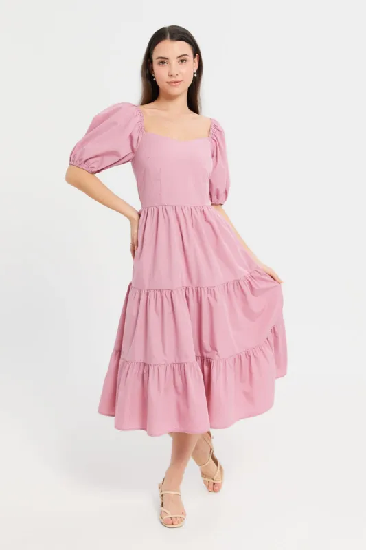 Women Fuchsia Puff Sleeve Poplin Dress sold by Redtag