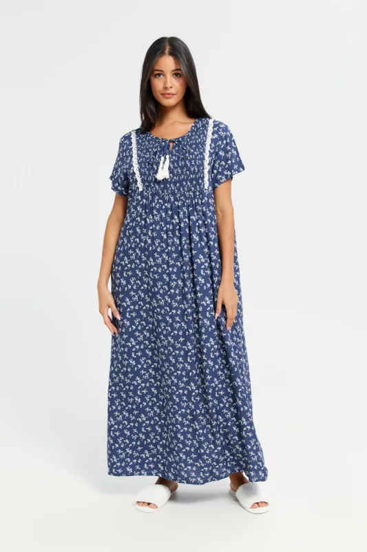 Women Navy Printed Nightgown made by Redtag