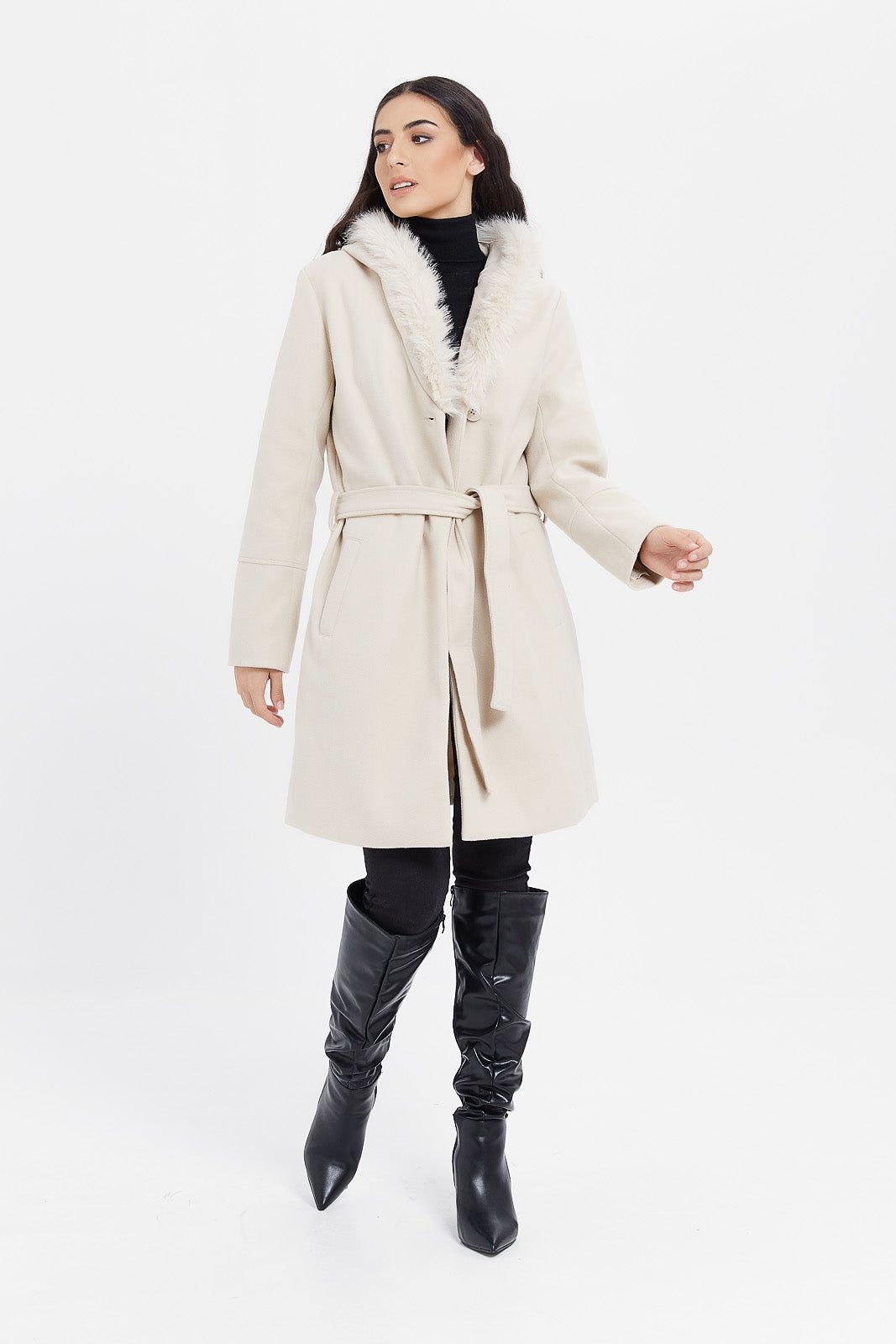 Women Ecru Faux Fur Belted Coat sold by Redtag product image thumbnail 2