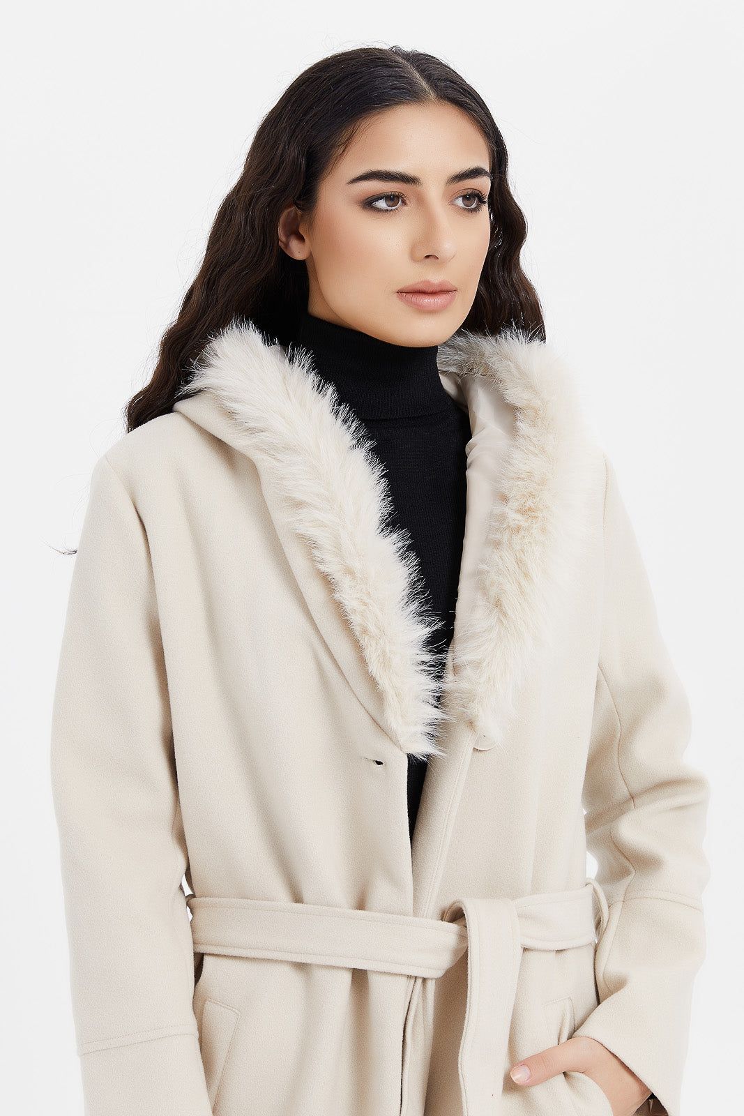 Women Ecru Faux Fur Belted Coat sold by Redtag product image thumbnail 4