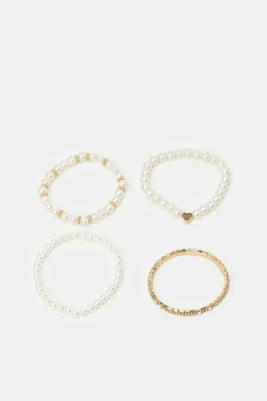 Women White And Gold Pearls Embellished Bracelets (4 Piece) sold by Redtag