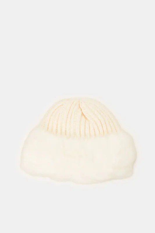 Women White Embellished Knitted Cap With Fur sold by Redtag