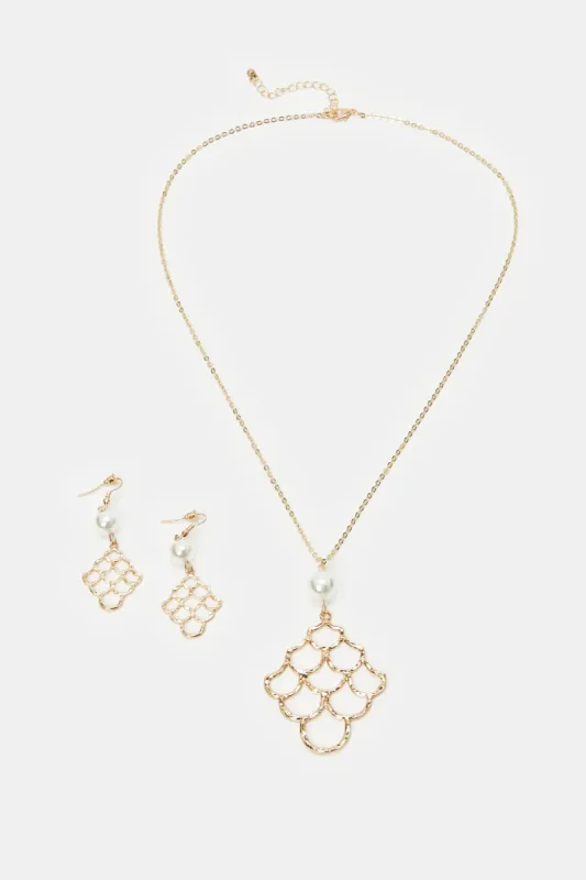 Women Gold Embellished Necklace And Earrings Set (2 Piece) sold by Redtag