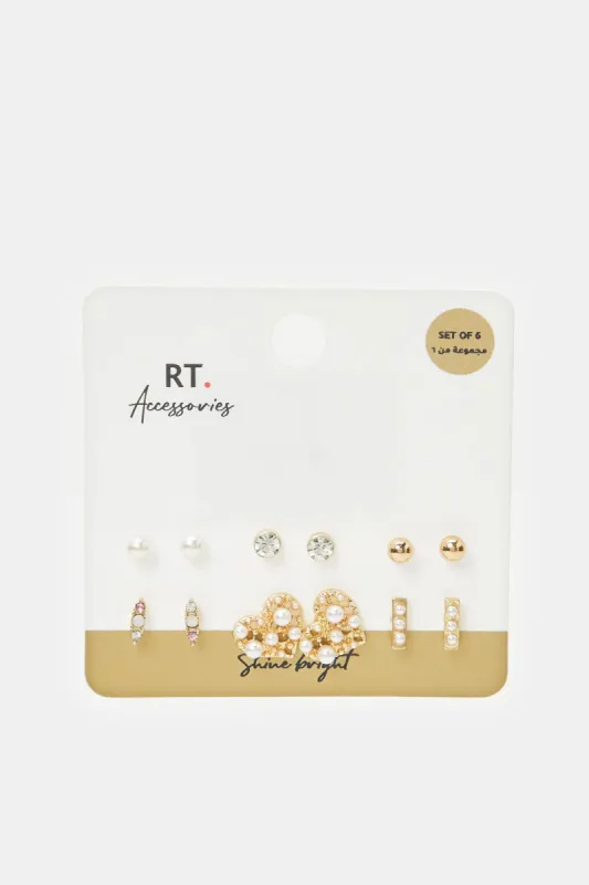 Women Gold Embellished Studs Set (6 Pairs) sold by Redtag