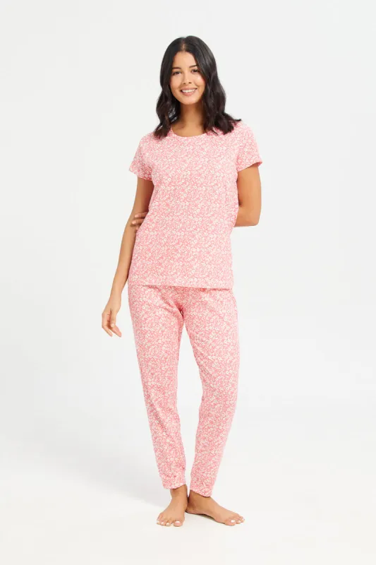 Women Pink  Printed Round Neck Pyjama Set (2 Piece) sold by Redtag