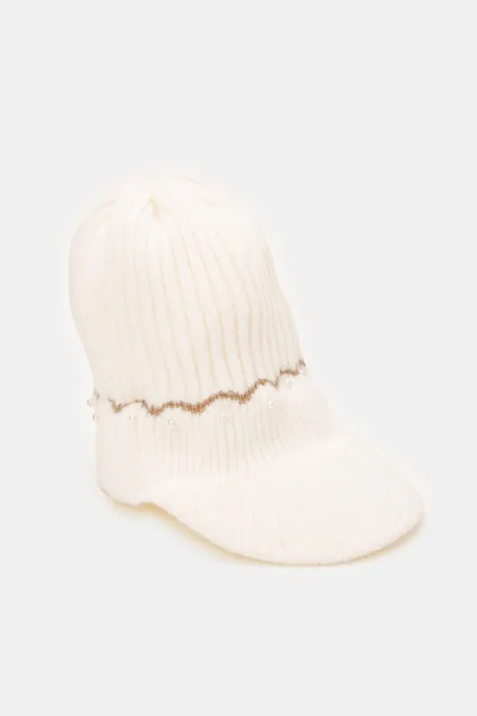 Women White Embellished Knitted Cap sold by Redtag