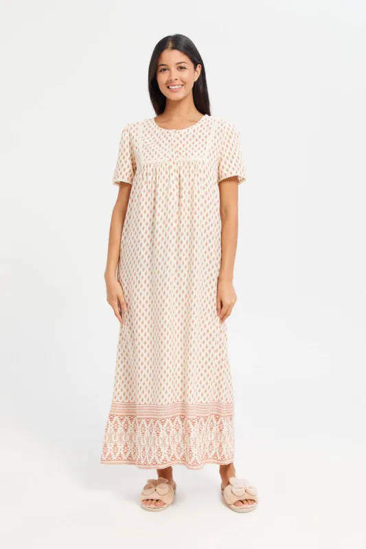 Women Beige Short Sleeve Printed Nightgown sold by Redtag