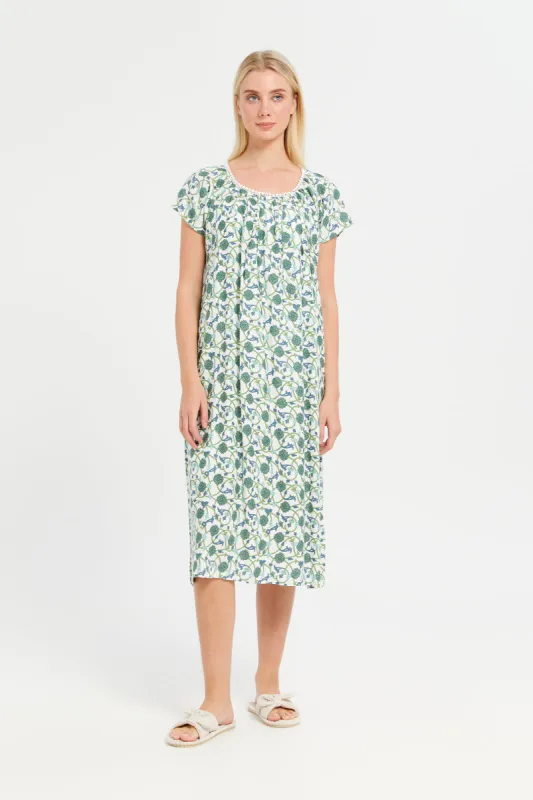 Women White And Green Printed Round Lace Nightgown sold by Redtag