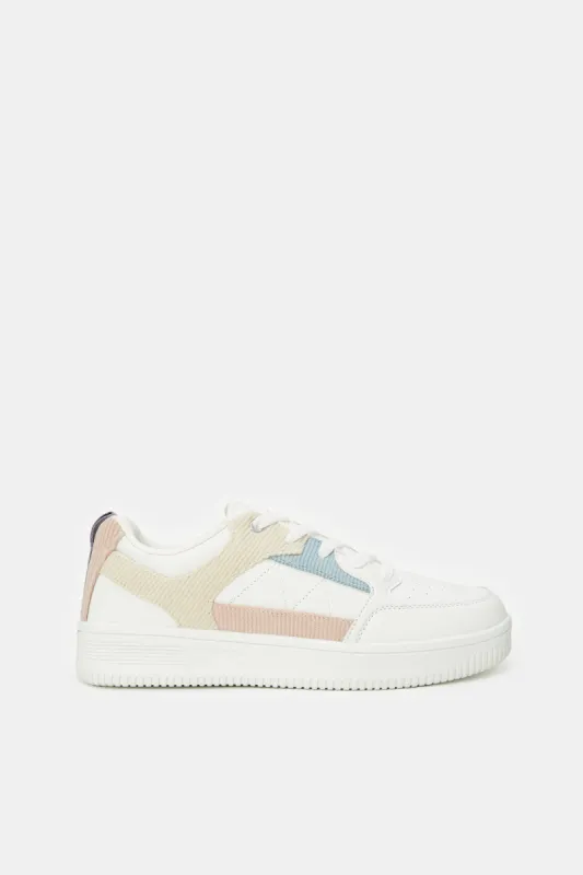 Women White Lace Up Sneaker With Corduroy Overlay sold by Redtag