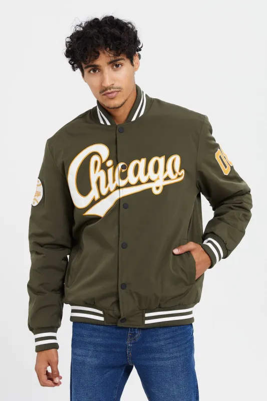 Men Olive Printed Baseball Bomber Jacket sold by Redtag