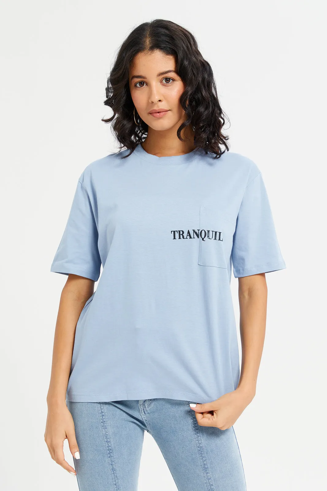 Women Blue Boxy With Printed Pocket T-Shirt sold by Redtag