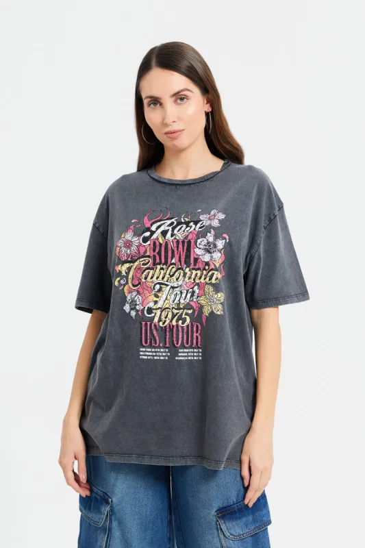 Women Grey Printed Oversize T-Shirt sold by Redtag