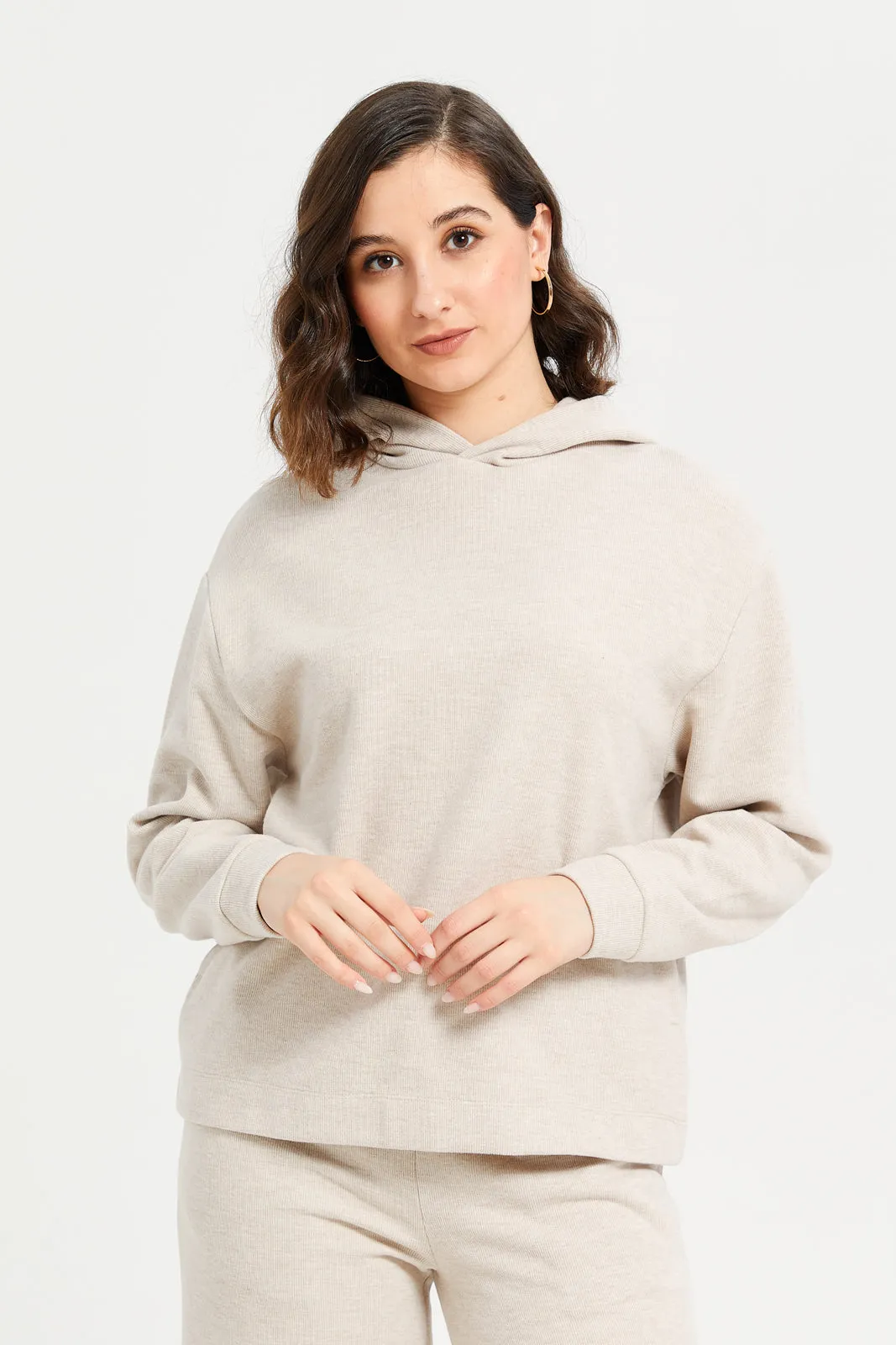 Women Beige Knitted Hooded Sweatshirt sold by Redtag