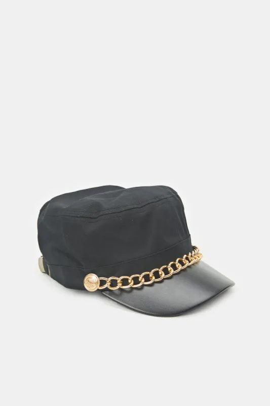 Women Black Metal Chain Embellished Cap sold by Redtag