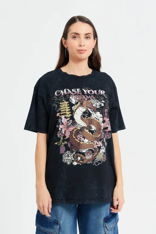 Women Black Printed Oversize Biker T-Shirt sold by Redtag