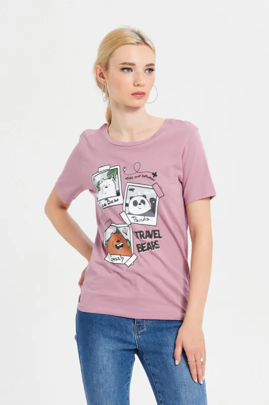 Women Mauve We Bare Bears Printed T-Shirt sold by Redtag