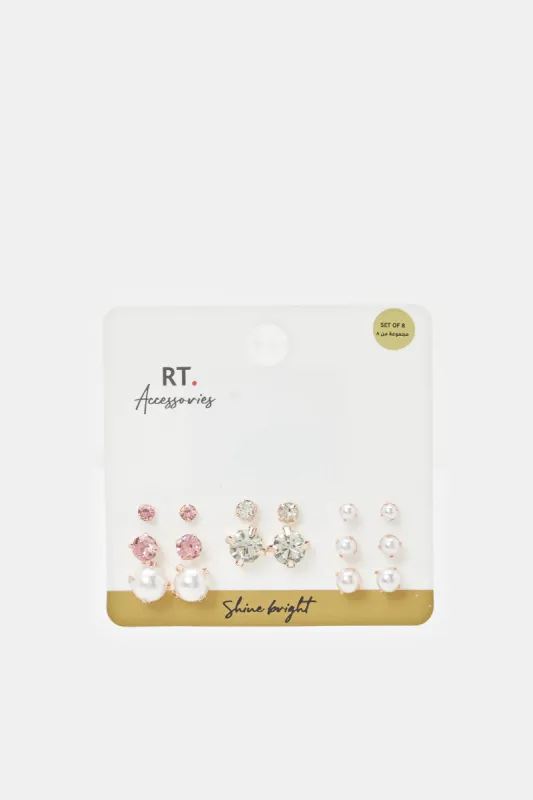 Women Silver Embellished Stud Set (8 Pairs) sold by Redtag