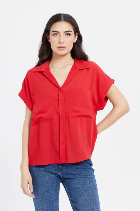 Women Red Front Button Blouse sold by Redtag