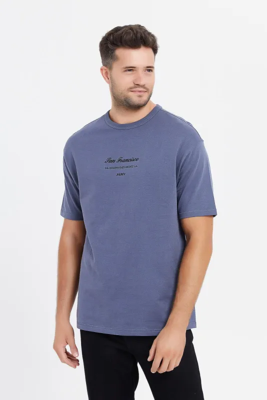 Men Blue Oversize Embroidered Lounge T-Shirt sold by Redtag