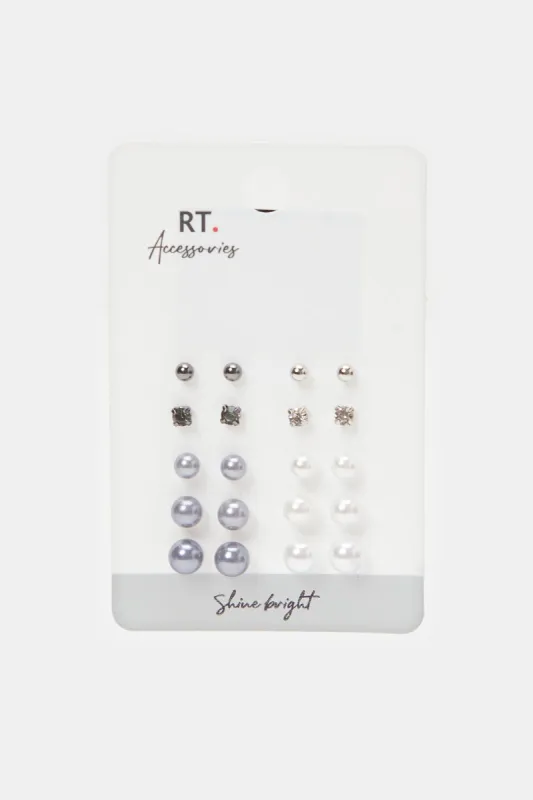 Women Silver Embellished Stud Set (10 Pairs) sold by Redtag