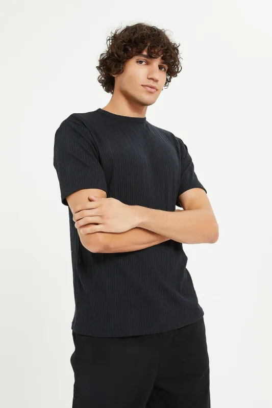 Men Black Stretch Jacquard T-Shirt sold by Redtag