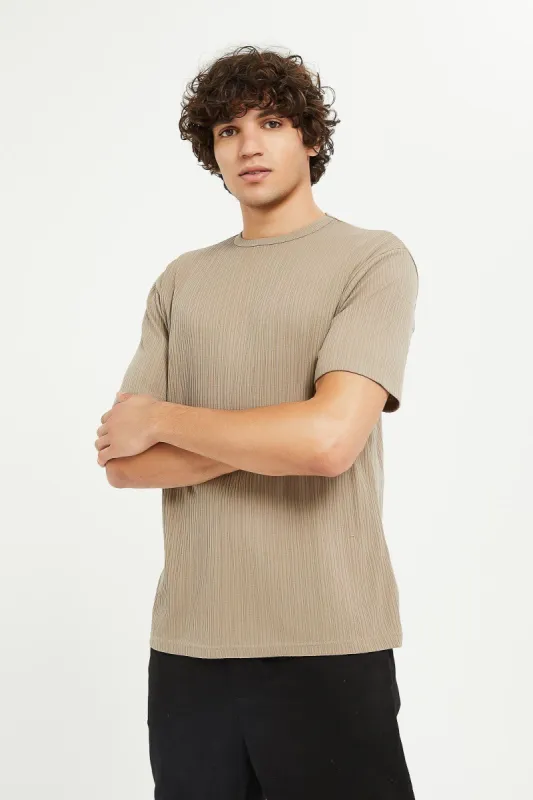 Men Beige Stretch Jacquard T-Shirt sold by Redtag
