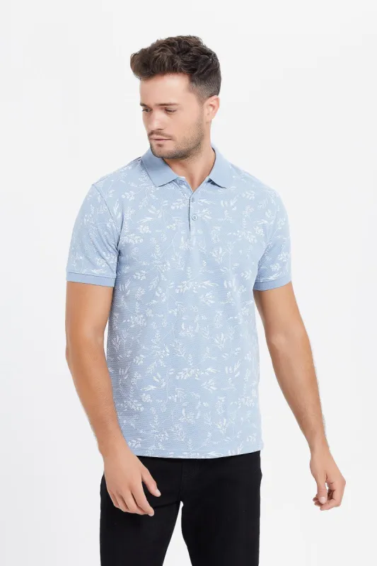 Men Blue Printed Jacquard Polo Shirt sold by Redtag