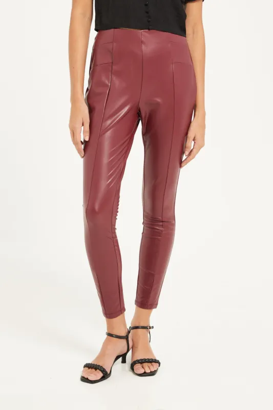 Women Burgundy Pu Leggings sold by Redtag