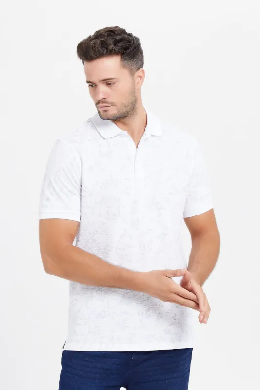Men White Printed Jacquard Polo Shirt sold by Redtag