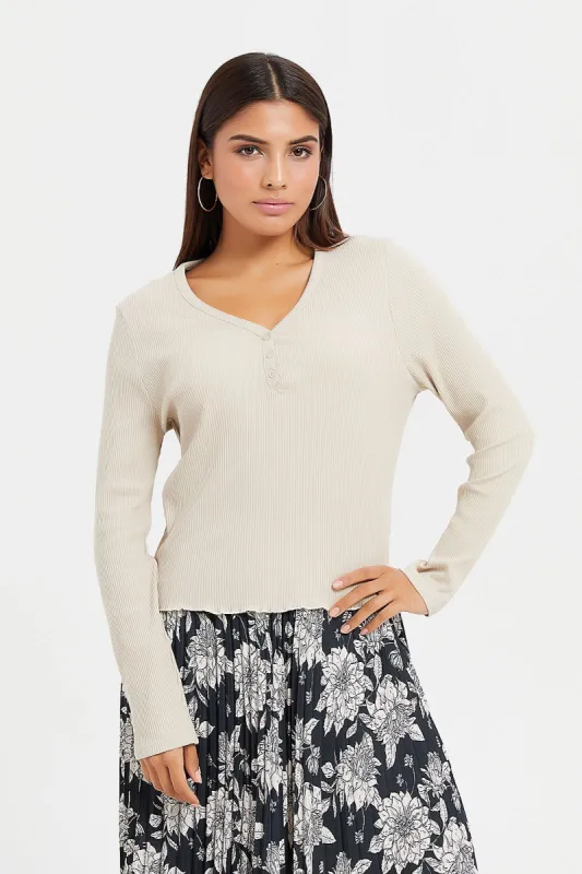 Women Beige Ribbed T-Shirt sold by Redtag