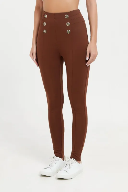Women Tan Ponte Legging With Buttons sold by Redtag
