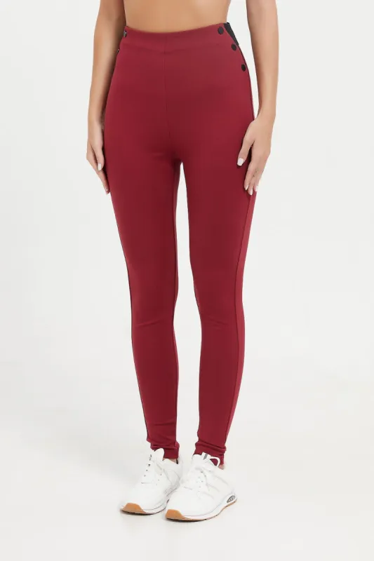 Women Burgundy Elastic Ponte Legging sold by Redtag