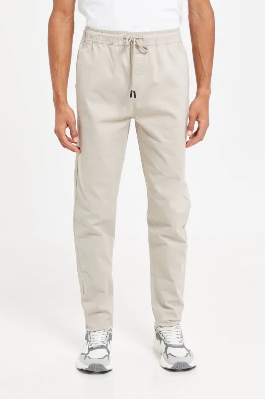 Men Beige Twill Joggers sold by Redtag
