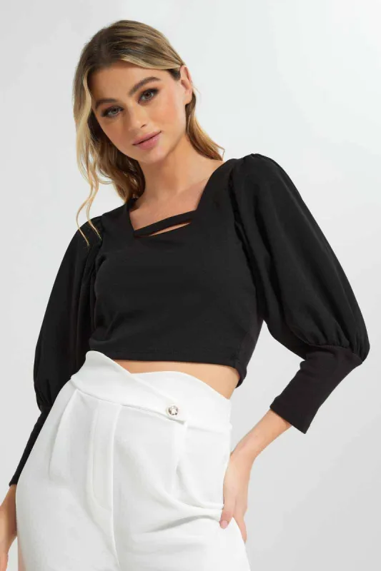 Women Black Puff Sleeve Square Neck Top sold by Redtag