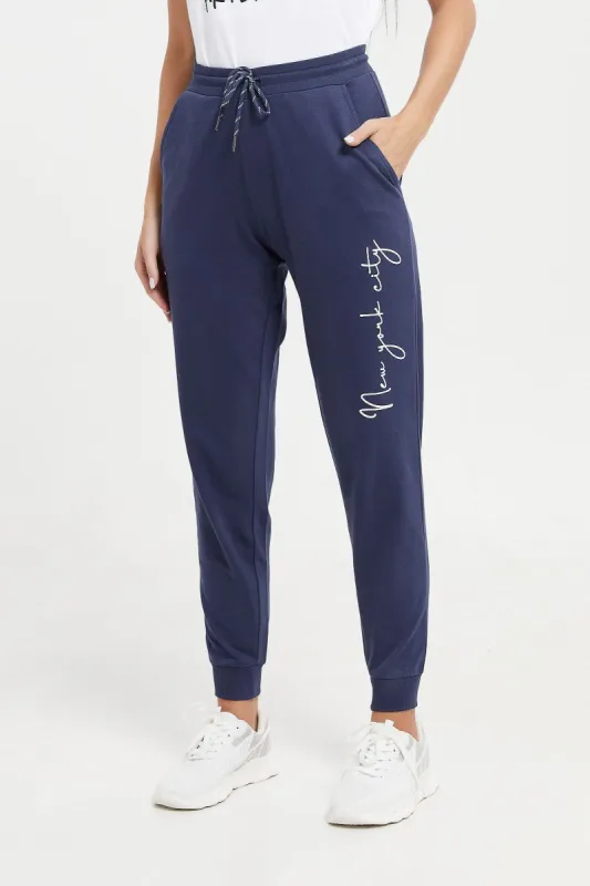 Women Navy Active Pants With Placement Print sold by Redtag