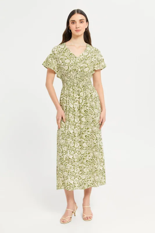 Women Olive Printed Midi Dress sold by Redtag