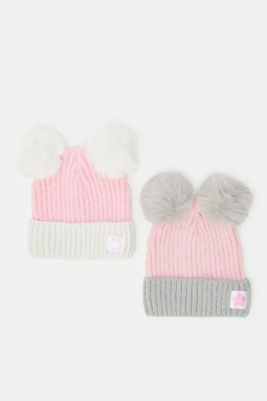 Women Pink And Grey Embellished Knitted Caps (Pack of 3) sold by Redtag
