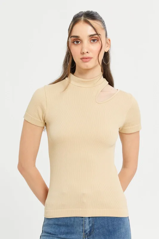 Women Beige Ribbed Cut-Out Top sold by Redtag