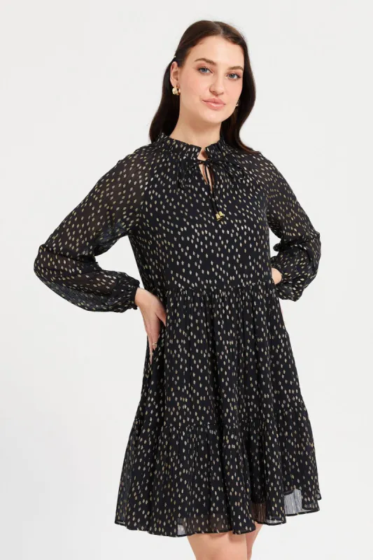 Women Black Printed Tier Dress sold by Redtag