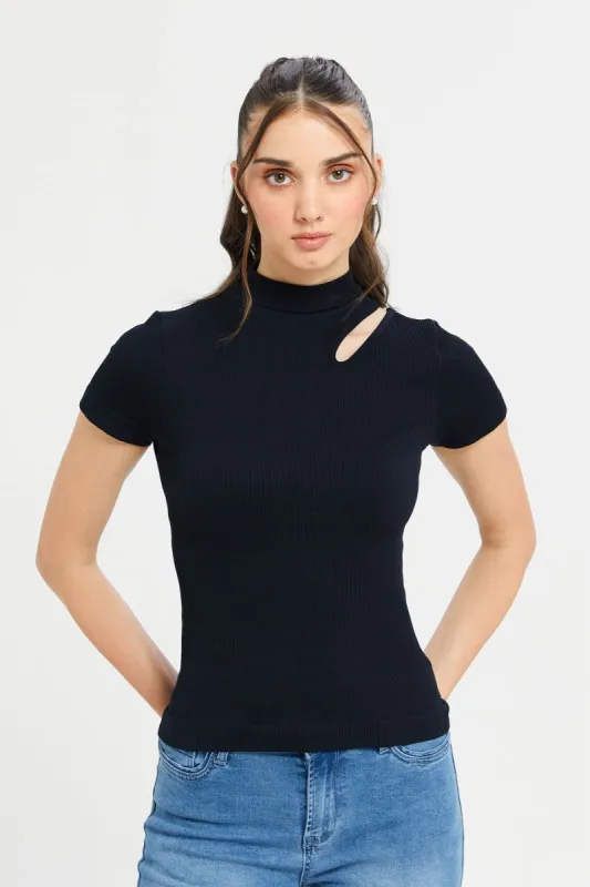 Women Black Ribbed Cut-Out Top sold by Redtag