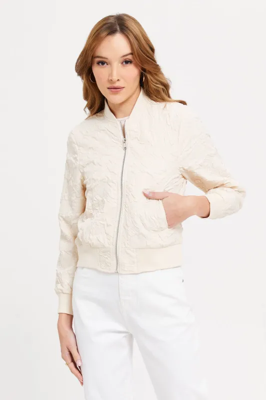 Women Beige Textured Bomber Jacket sold by Redtag