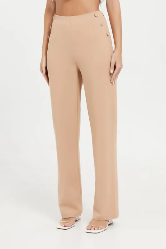 Women Beige High Waist Trouser With Elastic Waistband. sold by Redtag