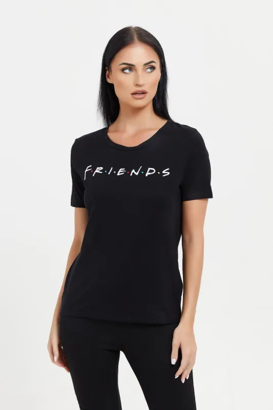 Women Black Friends Embroidered T-Shirt sold by Redtag