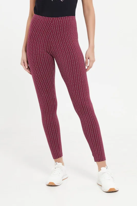 Women Burgundy Checked Leggings sold by Redtag
