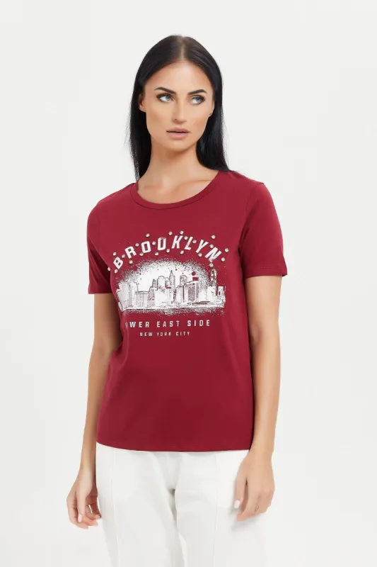 Women Burgundy Embellished T-Shirt sold by Redtag